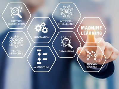 Presentation about machine learning technology, scientist touching screen, artificial intelligence Presentation about machine learning technology with scientist touching screen with artificial intelligence (AI), neural network, automation, and data mining words and computer icons